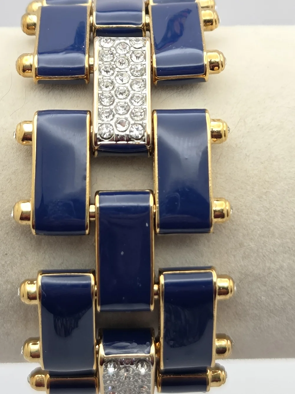 Juicy Couture Navy Blue Enamel Rhinestone Link Bracelet Gold Tone Wide 7
